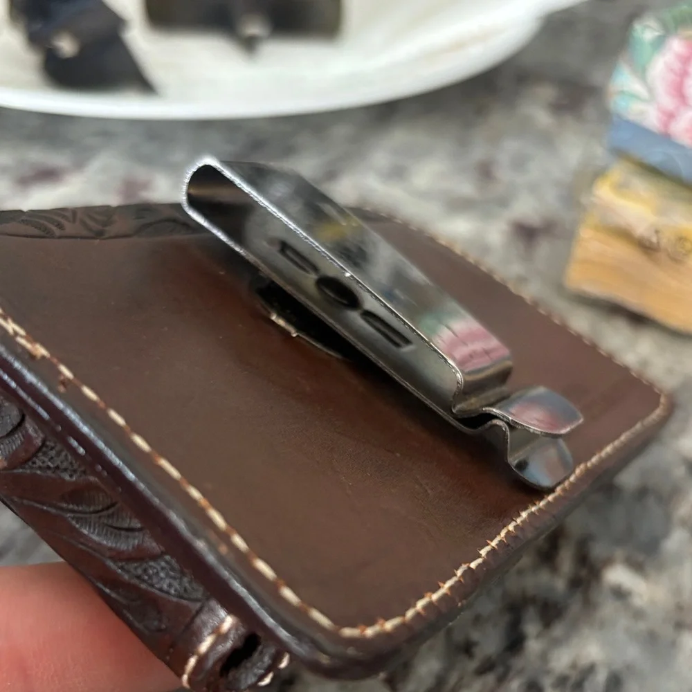 Hand-Tooled Floral Leather belt cell/beeper holder - Dark Brown